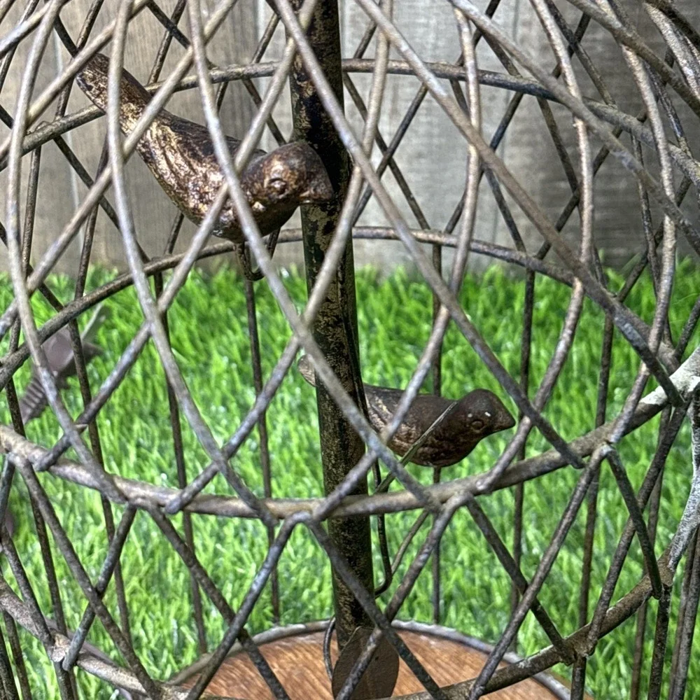 Vintage Birdcage Table Lamp Rustic Metal Wood Birds Farmhouse Decor